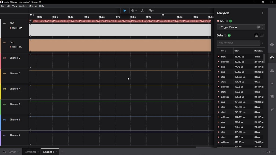 Logic 2 screenshot showing SCL as a solid brown block and SDA with dense decoded text, both waveforms unreadable at the wrong time scale.