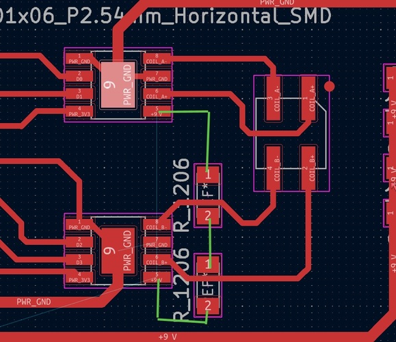 KiCad PCB editor showing two green ratsnest lines — unrouted connections — crossing through already-placed copper traces between the A4950 drivers and the motor connector pads.