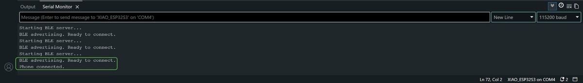 Arduino IDE Serial Monitor showing 'Starting BLE server... BLE advertising. Ready to connect. Phone connected.' after reset.