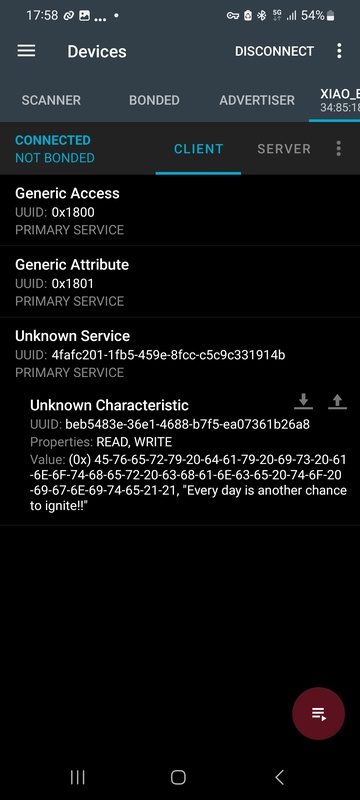 nRF Connect showing the Unknown Characteristic value 'Every day is another chance to ignite!!' read from the XIAO ESP32-S3.