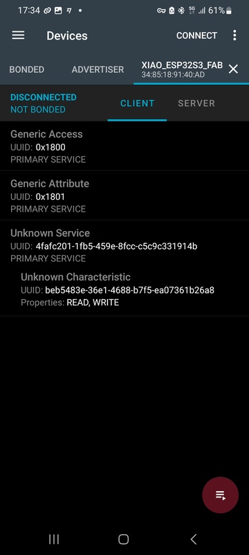 nRF Connect Client view showing Unknown Service UUID 4fafc201- and Unknown Characteristic UUID beb5483e-, Properties READ WRITE, while disconnected.