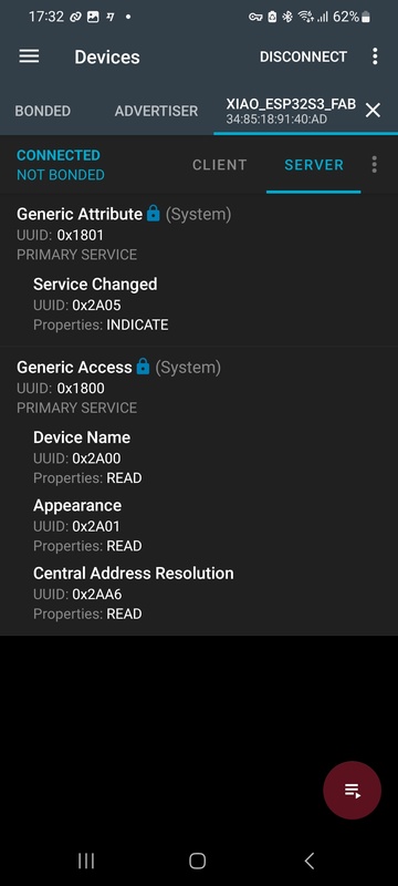 nRF Connect showing XIAO_ESP32S3_FAB connected with GATT services: Generic Attribute (0x1801) and Generic Access (0x1800).