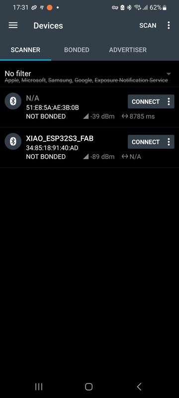 nRF Connect Scanner showing XIAO_ESP32S3_FAB device with MAC address 34:85:18:91:40:AD at -89 dBm.
