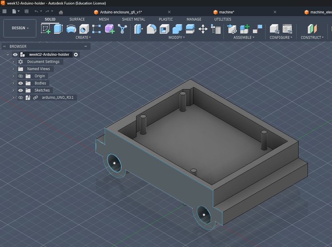 Fusion 360 viewport showing the forked Arduino UNO + CNC Shield V3.0 enclosure, with the Arduino UNO R3 STEP file loaded as a reference body in the browser tree.