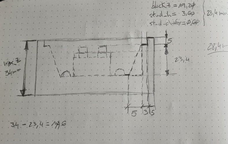 Hand-drawn pencil sketch of the front/side view of the brick inside the wax block. Annotations show wax_z = 34 mm, block_z = 19.2 mm, stud_h = 3.6 mm, stud_chafer = 0.6 mm, totals 23.4 mm and 28.4 mm. Calculation at the bottom: 34 - 23.4 = 10.6 mm.