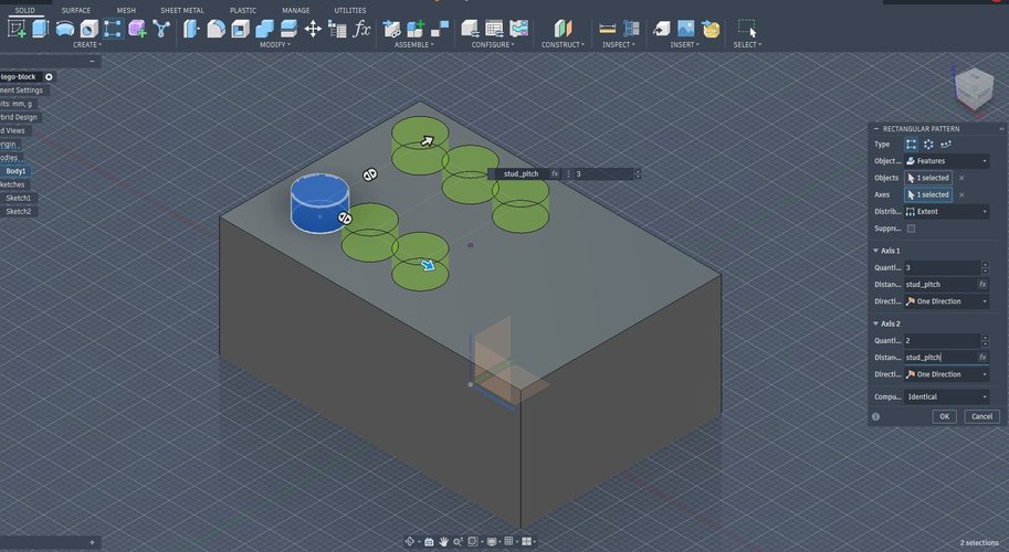 Fusion 360 viewport showing a 60×40 mm rectangular block with the rectangular pattern panel open and a 3×2 grid of studs partially generated on the top face