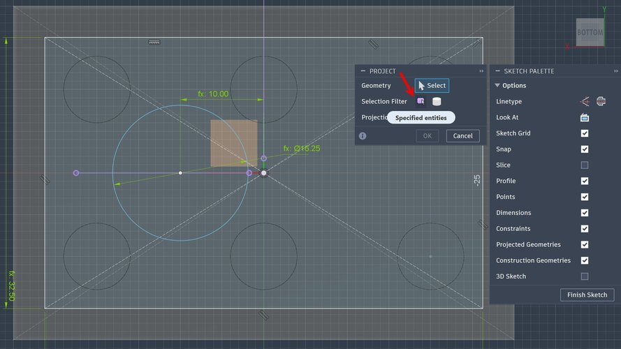 Sketch viewport in Fusion with the Project dialog open. Selection Filter is set to Specified entities, and the X and Y axes from the Origin are projected as purple lines crossing the centre of the bottom face of the brick