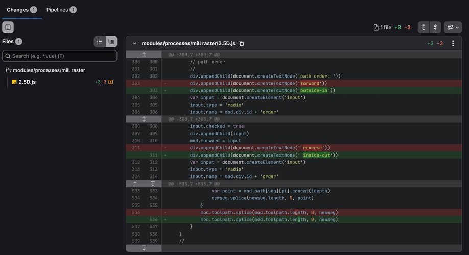GitLab diff view of modules/processes/mill raster/2.5D.js. Three lines changed: the two createTextNode labels go from 'forward' and 'reverse' to 'outside-in' and 'inside-out', and 'mod.toolpath.legnth' is corrected to 'mod.toolpath.length' inside a splice call.
