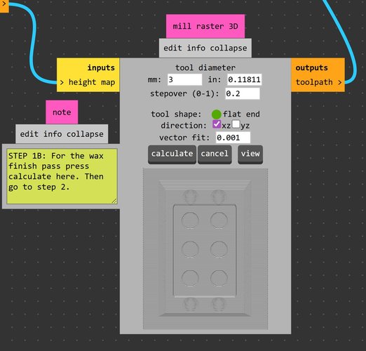 The mill raster 3D module in Mods with the finish-pass parameters set: tool diameter 3 mm, cut speed 4 mm/s, stepover 0.2 (ratio), direction xz.
