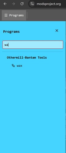 Mods home screen with the program search field showing 'wa' typed and 'mill 3D wax' as the matching result under Roland MDX / iModela.