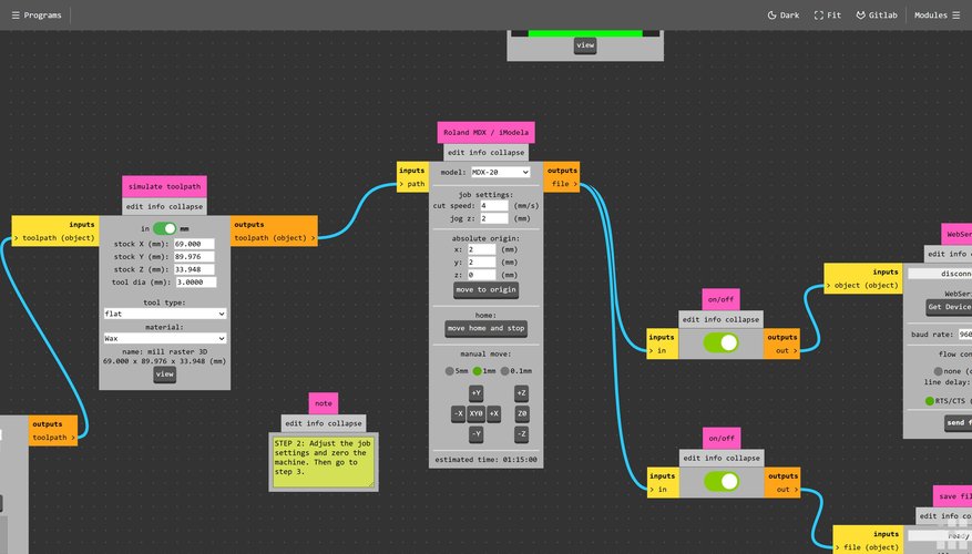 The Roland MDX / iModela module placed and wired into the workflow. Model is set to MDX-20. Job settings show cut speed 4 mm/s and jog z 2 mm, absolute origin at (2, 2, 0). Input 'path' comes from the previous toolpath module; output 'file' feeds two on/off modules in parallel. The simulate toolpath panel on the left shows tool diameter 3.0000 mm, flat tool type, Wax material, and the milled mould half preview.