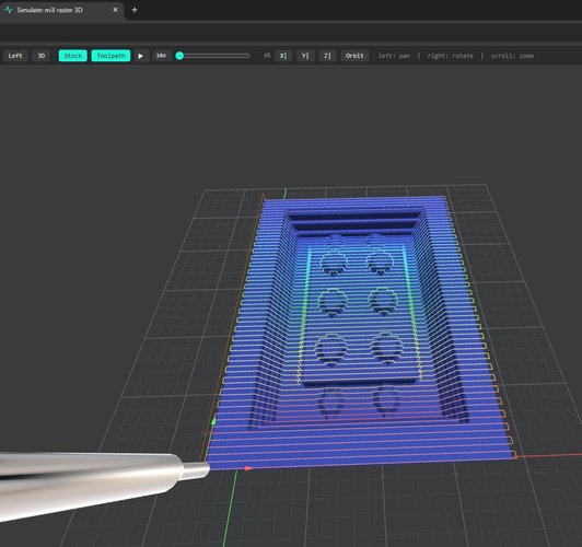 Mods 'Simulate: mill raster 3D' tab showing the rendered toolpath of the finish pass in the XY plane over the brick stock. Horizontal raster lines coloured from blue (lower Z) to yellow/red (upper Z) outline the brick perimeter and the six studs. The 3 mm flat endmill is rendered in the foreground next to the stock.