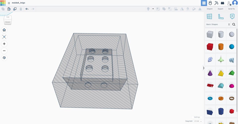 Tinkercad viewport with the 'show holes' visualisation enabled. The mould block becomes semi-transparent, exposing the brick cavity, the six stud cavities and the alignment pegs as if seen through an X-ray.