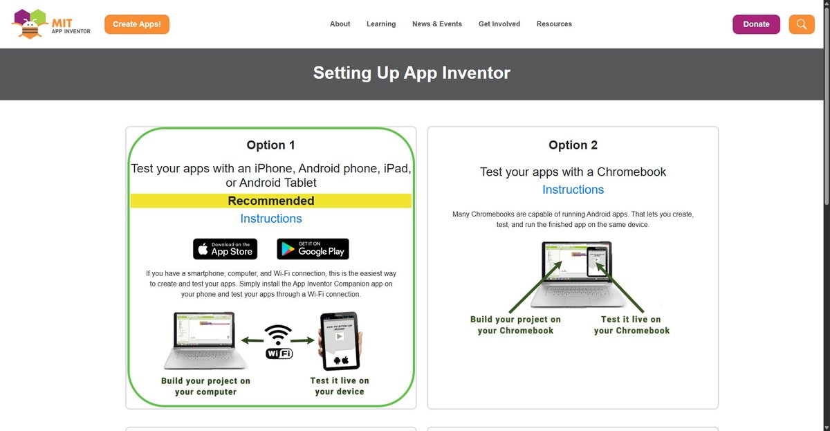 MIT App Inventor setup page showing two options. Option 1 (recommended): test apps on an iPhone, Android phone or tablet via the Companion app and Wi-Fi. Option 2: test on a Chromebook with Android app support.