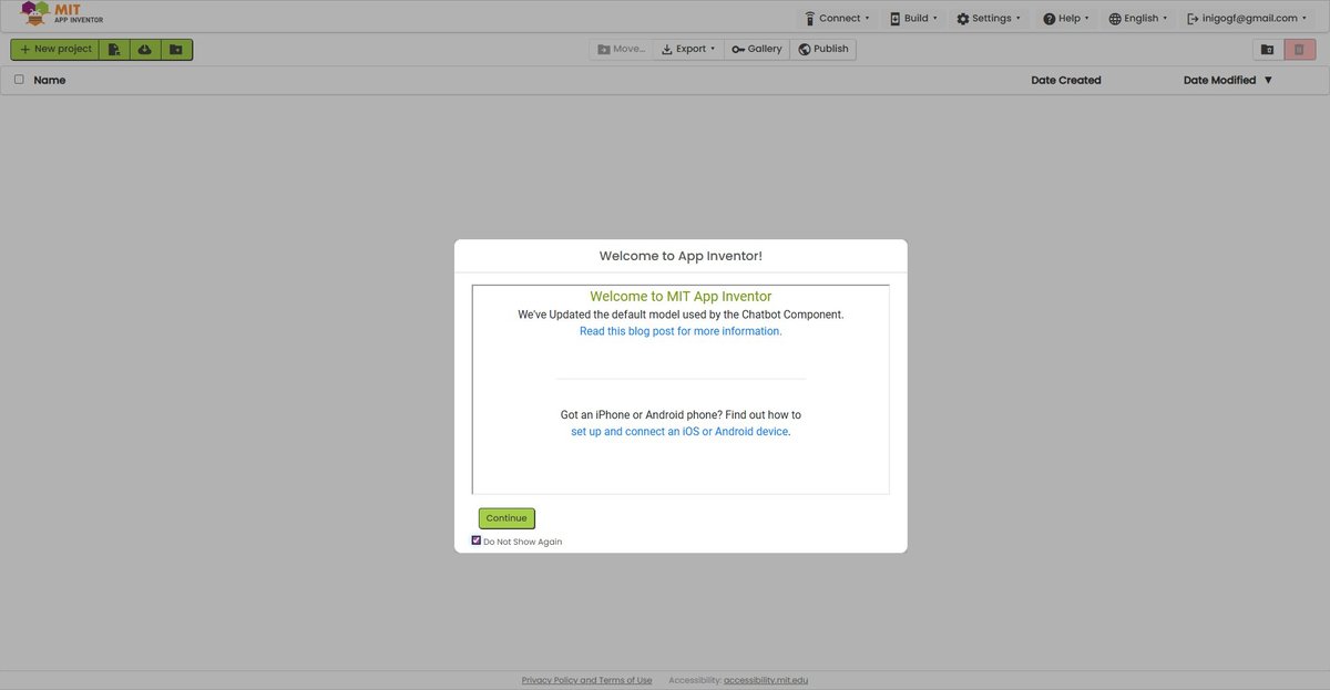MIT App Inventor home page after first login. The welcome dialog is open in the centre announcing an updated default Chatbot model and pointing to setup instructions for iOS and Android devices.