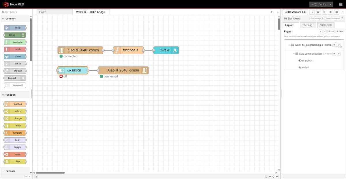 Node-RED editor showing the spiral 2 flow. The serial-in XiaoRP2040_comm node connects to a function node labelled 'function 1', which then connects to the ui-text node. The ui-switch → serial-out chain remains unchanged below.