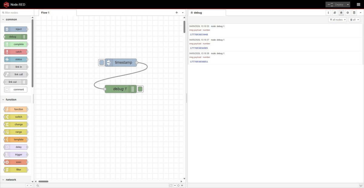 Node-RED 4.1 editor with two connected nodes (timestamp inject and debug) on the canvas. The debug panel on the right shows three timestamp messages received from successive button presses on the inject node.