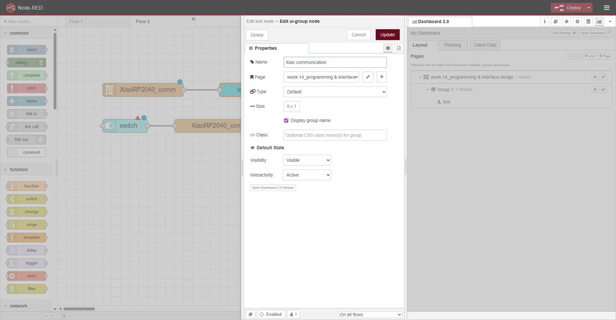 Node-RED dialog Edit serial-port node. Name XiaoRP2040_comm, Serial Port COM3, Baud Rate 9600, Data Bits 8, Parity None, Stop Bits 1. Input section: Split input on the character set to backslash-n. Deliver: ASCII strings.