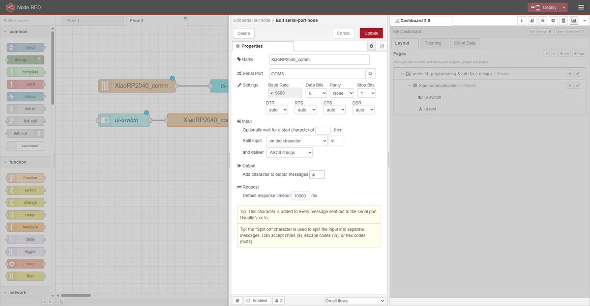 Node-RED dialog Edit serial-port node from the serial-out perspective. Same configuration as the serial-in dialog. Output section shows 'Add character to output messages' set to backslash-n, so every command sent from Node-RED to the board ends with a newline.