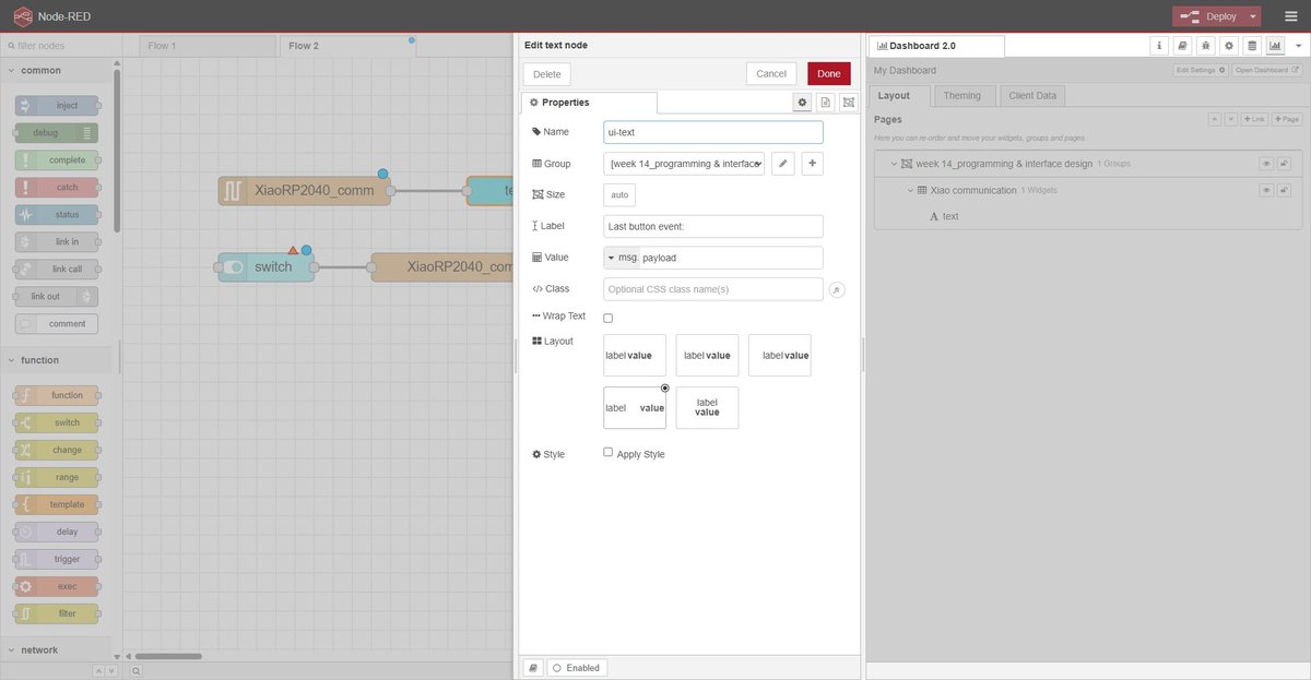 Node-RED dialog Edit text node (Dashboard 2.0). Group set to Xiao communication. Label 'Last button event:'. Value set to msg.payload.