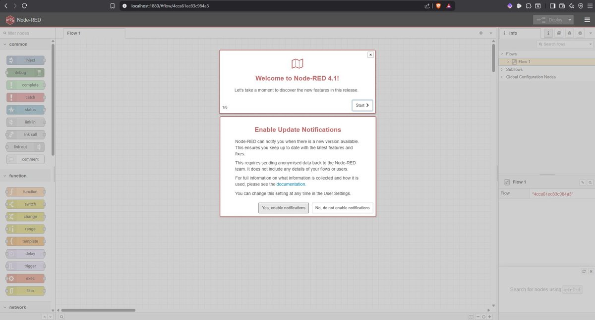Node-RED 4.1 editor open in the browser at localhost:1880, with the welcome dialog and the update notifications dialog showing on first launch.
