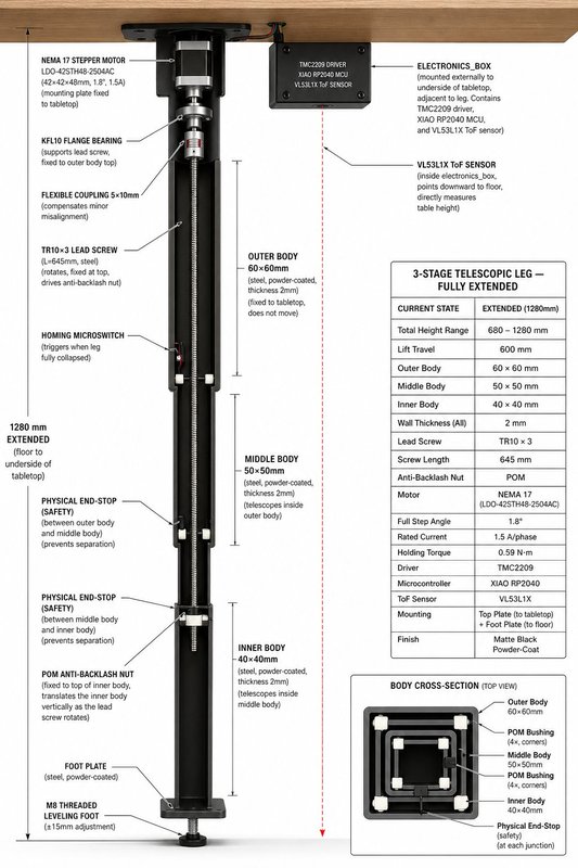 Annotated illustration of the final leg in the extended position: 3-stage telescopic body in 60/50/40 mm steel tubes, TR10x3 lead screw, NEMA 17 motor at the top, KFL10 flange bearing, flexible coupling, POM anti-backlash nut, POM bushings, homing microswitch, foot plate with M8 leveling foot, and the external electronics_box mounted to the underside of the tabletop next to the leg.