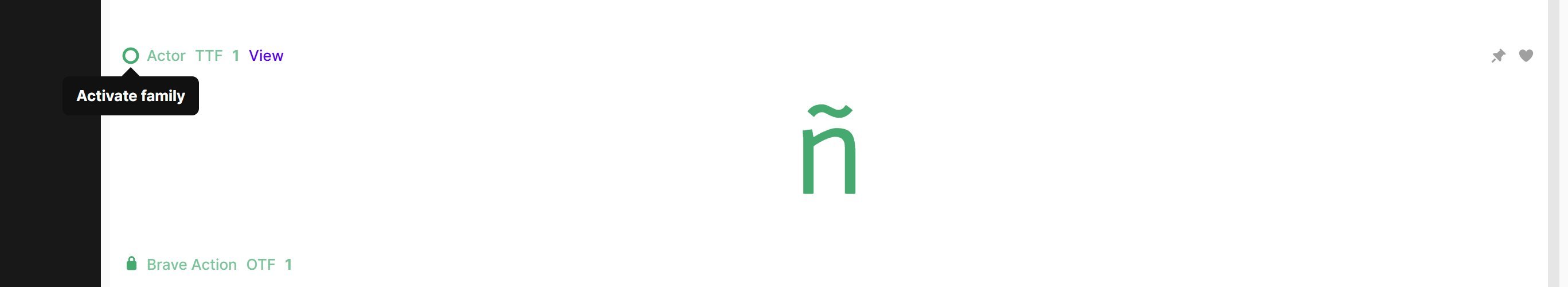 FontBase showing the ñ glyph rendered in the Actor typeface, with the activate-family tooltip.