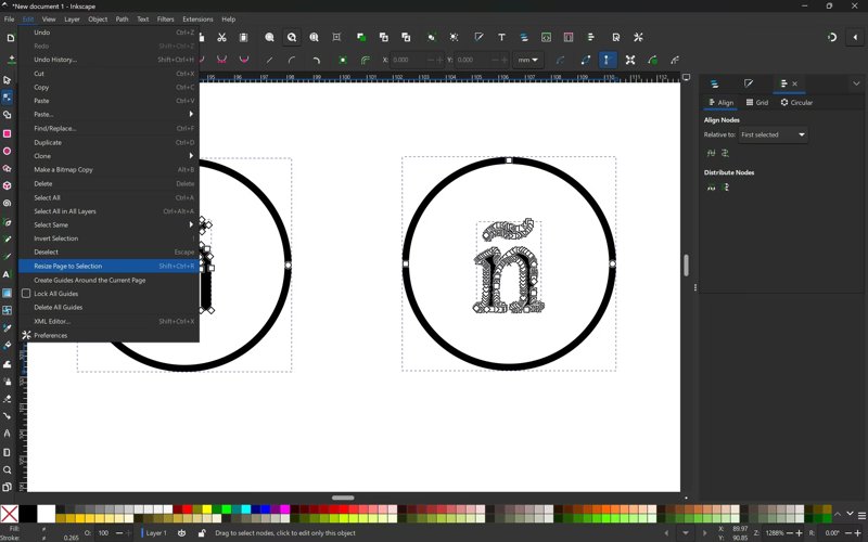 Inkscape Edit menu open with Resize Page to Selection highlighted, dense pattern-filled ñ.