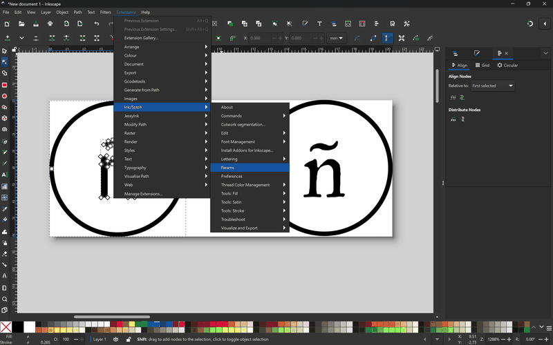 Inkscape Edit menu open with Resize Page to Selection highlighted, dense pattern-filled ñ.
