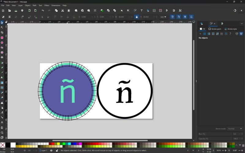 Two circled ñ in Inkscape: the left one with the green fill stitch and satin ring applied, the right one as a plain vector outline.