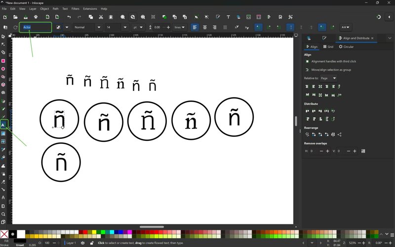 Inkscape showing the six candidate ñ glyphs above and the same glyphs placed inside circles below.