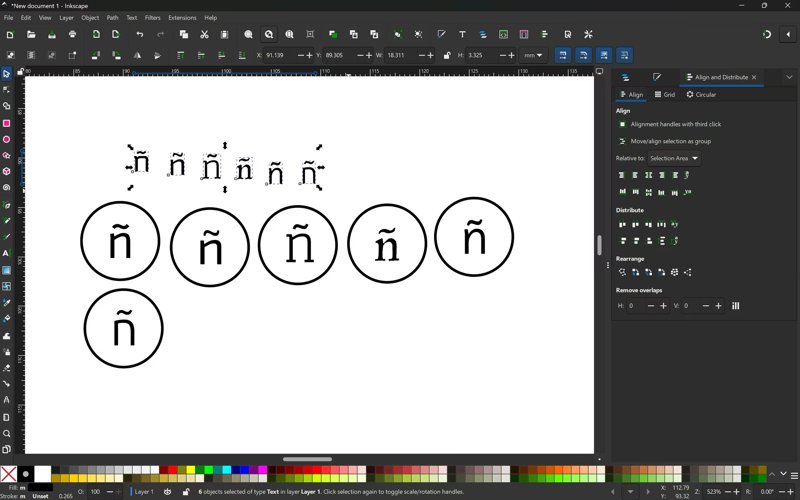 Inkscape with six ñ glyphs in a row in different typefaces, the text tool and font field highlighted.