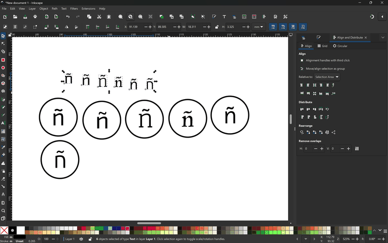 Inkscape with six ñ glyphs in a row in different typefaces, the text tool and font field highlighted.