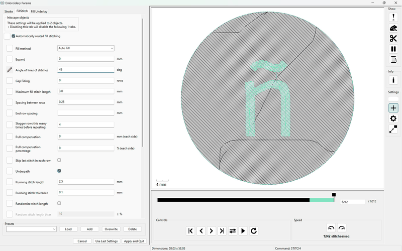 Three circled ñ in Inkscape, the middle one with a dense stitch-pattern fill.