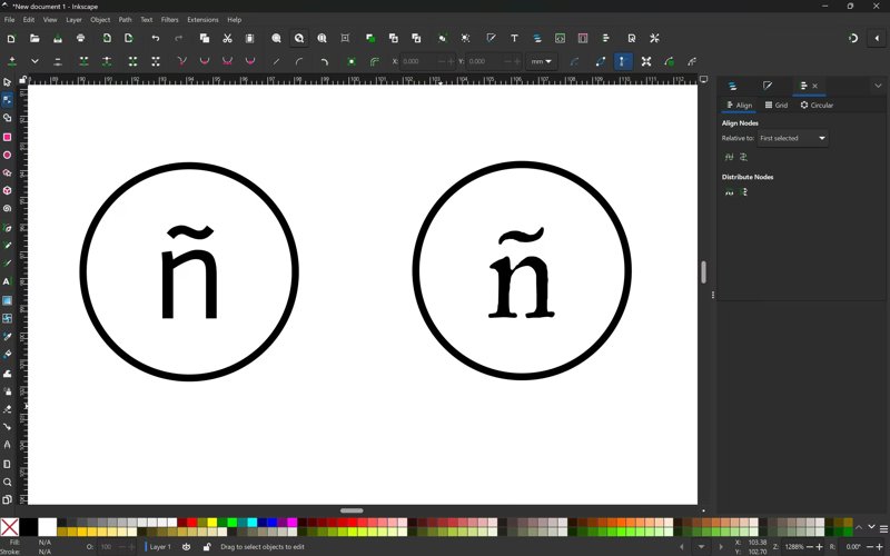High zoom in Inkscape showing the ñ outline with editable nodes next to a solid black ñ.