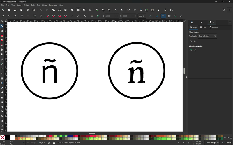 High zoom in Inkscape showing the ñ outline with editable nodes next to a solid black ñ.