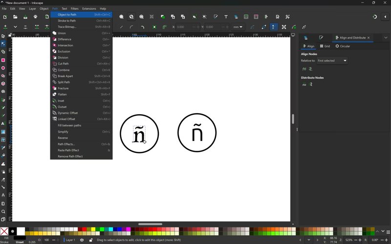 Inkscape Path menu open with Object to Path highlighted, two circled ñ on the canvas.
