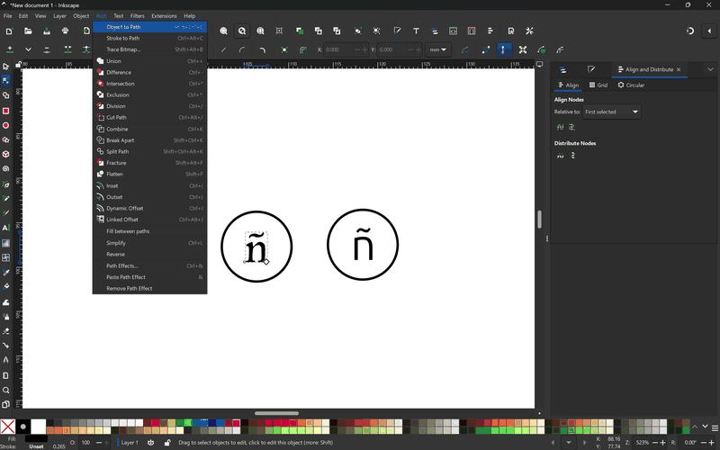 Inkscape Path menu open with Object to Path highlighted, two circled ñ on the canvas.