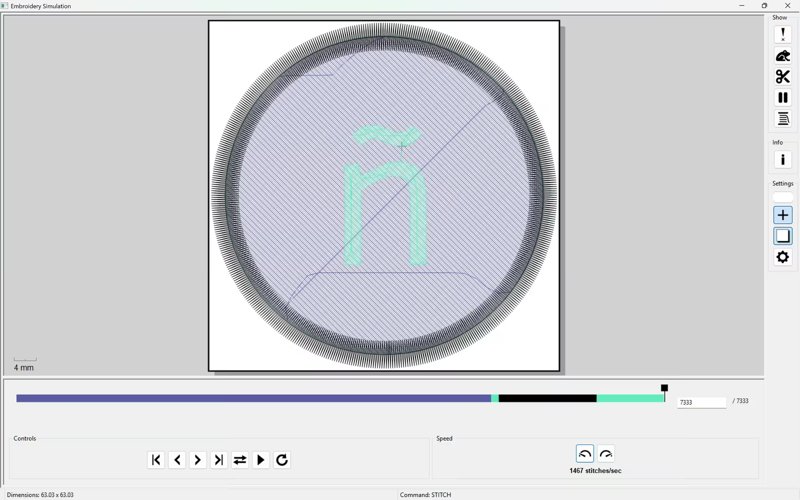 Ink/Stitch Embroidery Simulation window, full ñ plus circular fill, 7333 stitches, 63.03 x 63.03 mm.