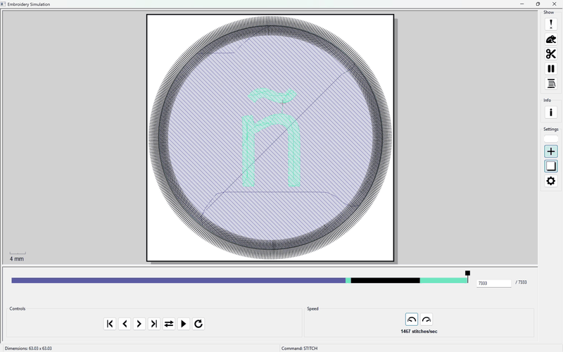 Ink/Stitch Embroidery Simulation window, full ñ plus circular fill, 7333 stitches, 63.03 x 63.03 mm.