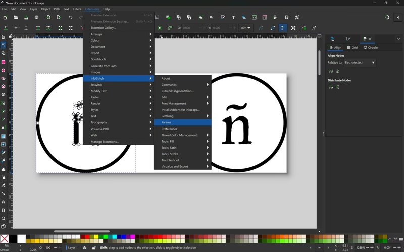 Inkscape Extensions menu open at Ink/Stitch with Params highlighted.