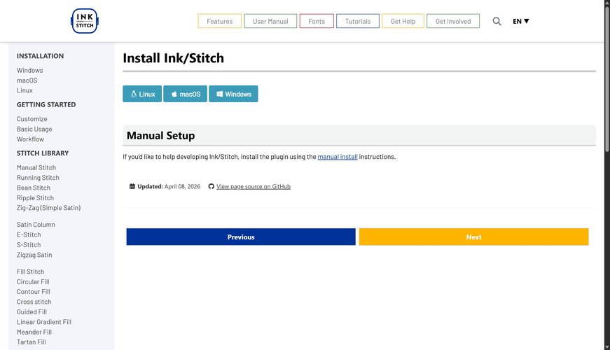 Ink/Stitch website, Install page with Linux, macOS and Windows options.