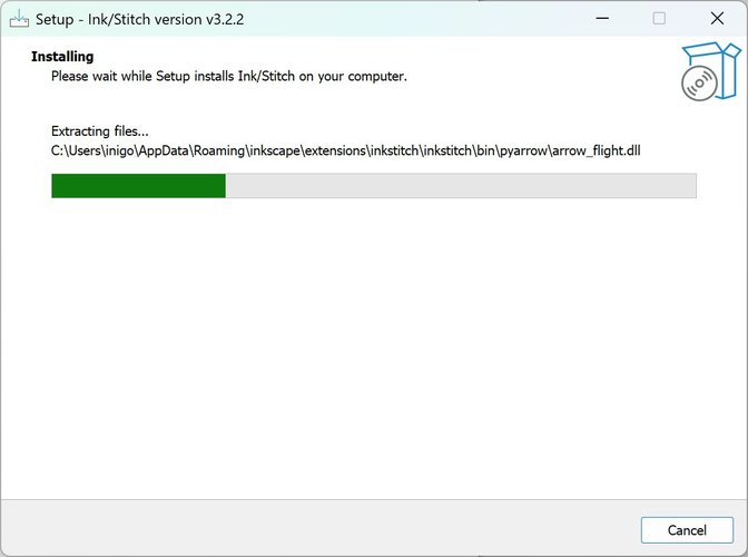 Ink/Stitch v3.2.2 installer extracting files into the Inkscape extensions folder.