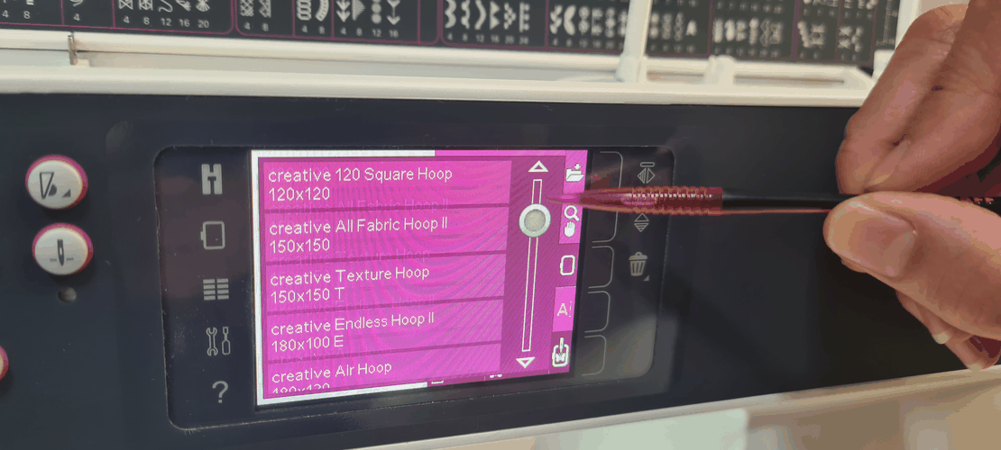 Machine screen listing selectable hoops: creative 120 Square, All Fabric II, Texture, Endless II, Air.