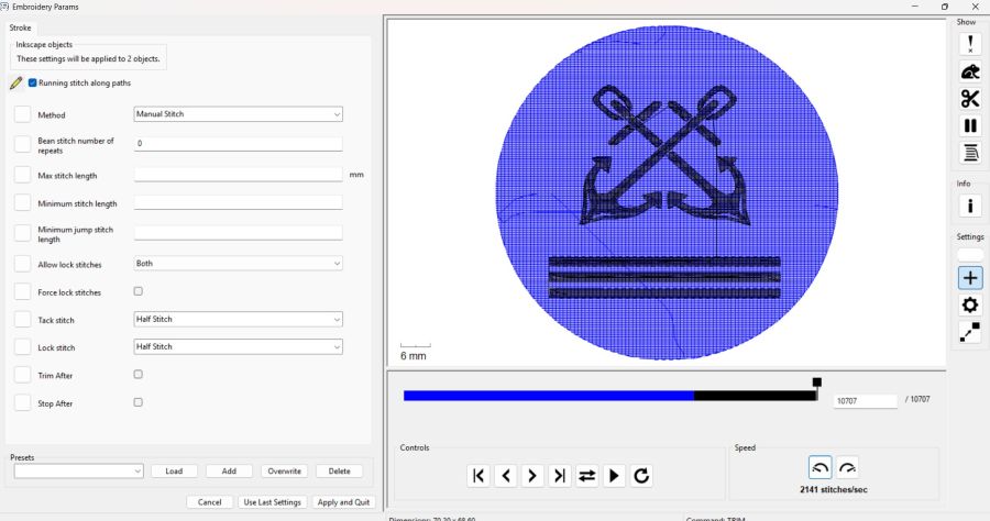 Ink/Stitch embroidery parameters panel