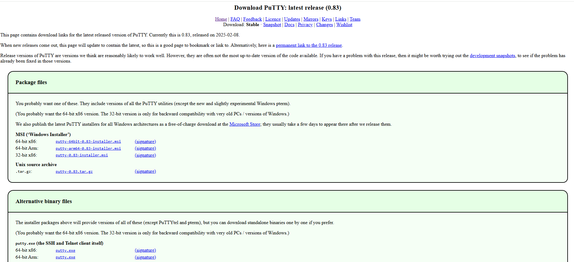 PuTTY download page