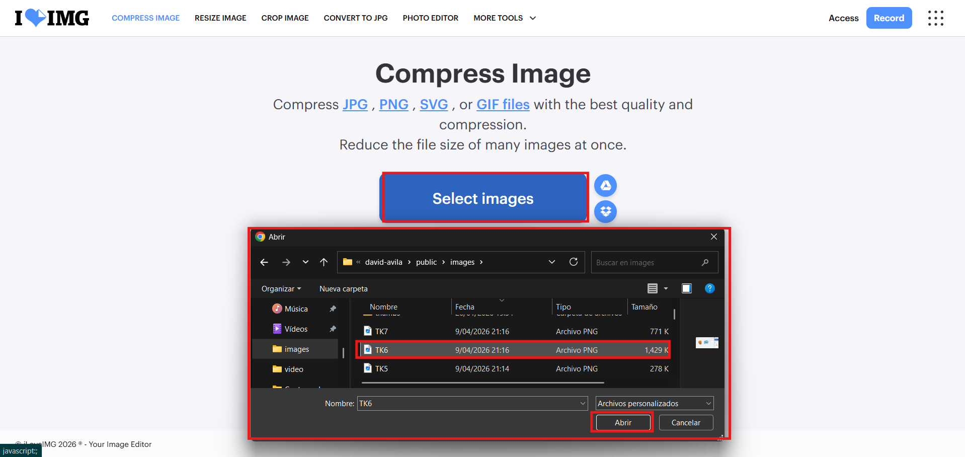 ILOVEIMG compressor screenshot