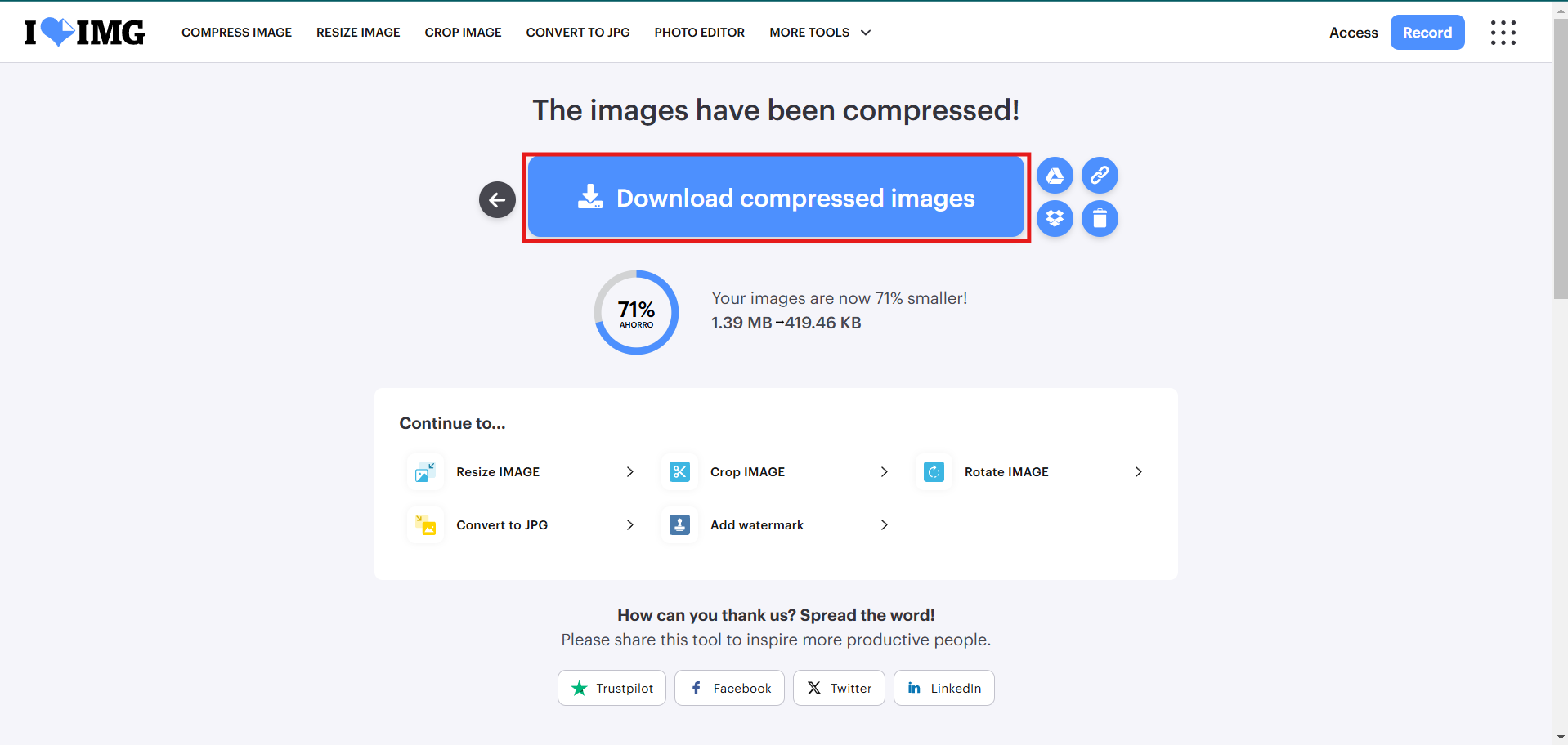 ILOVEIMG compressor screenshot