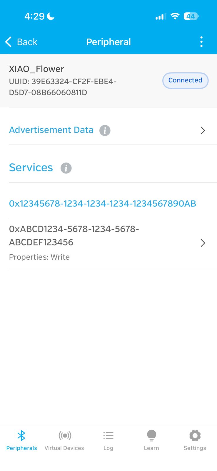 Connected to the XIAO_Flower BLE device
