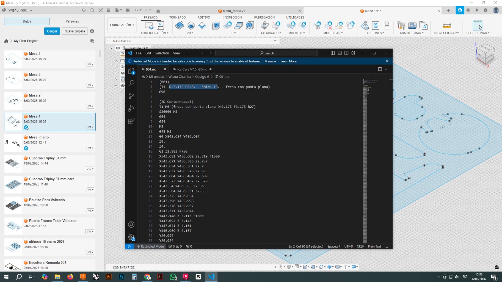 CNC code file reviewed in VS Code